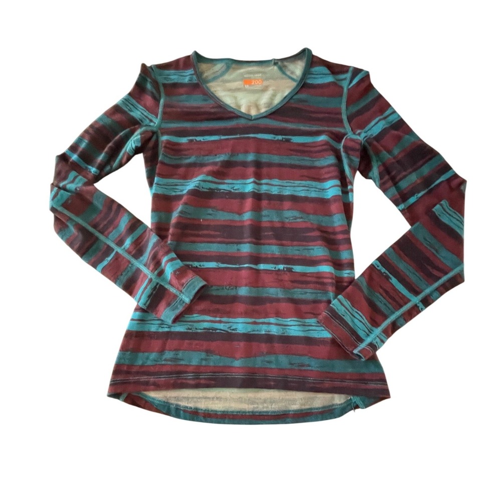 Icebreaker Oasis 200 Merino Wool Base Layer Top V-Neck Striped Teal Burgundy S